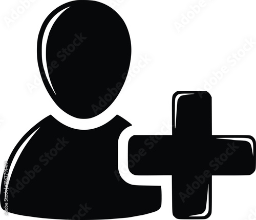 black and white vector icon representing personnel recruitment. features a human silhouette with a plus symbol for hiring and adding new team members
