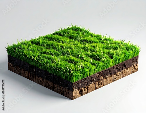 Isometric green grass blocks with earth soil layers for nature landscape and environment design. Generated image