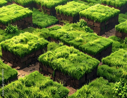 Isometric green grass blocks with earth soil layers for nature landscape and environment design. Generated image
