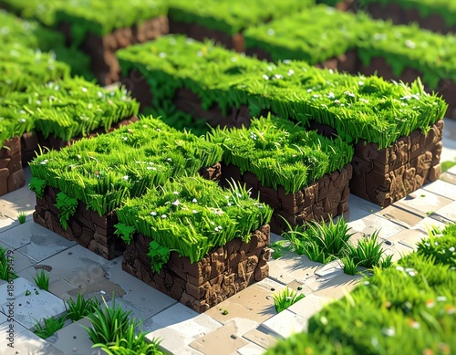 Isometric green grass blocks with earth soil layers for nature landscape and environment design. Generated image