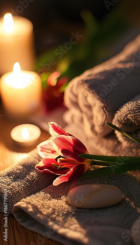 Tranquil spa sanctuary  a luxurious setup with candles, towels, and flowers for ultimate relaxation