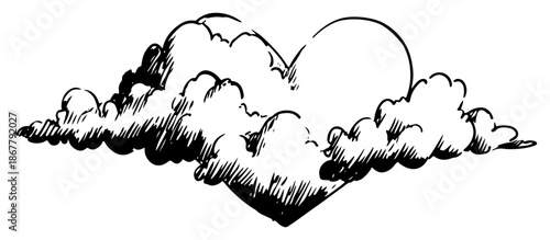 Fluffy clouds forming a heart shape in the sky with sun in vintage engraving style