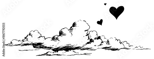 Hand drawn sketch of cumulus clouds with two hearts floating in the sky