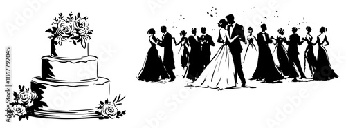 Wedding reception scene with delicious cake and happy guests dancing together