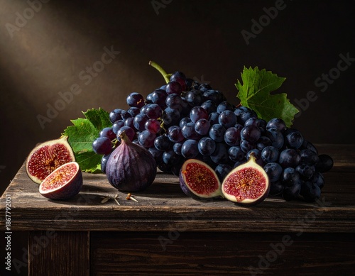 A moody aesthetic photograph of dark grapes and figs on a rustic wooden table, dramatic side lighting, rich shadows, fine-art food photography style, ultra-detailed textures