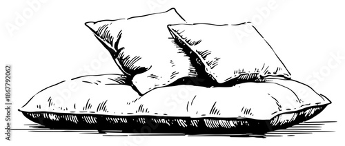 Pile of soft pillows and cushions for bedroom comfort in hand drawn sketch style