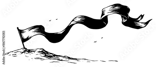 Hand drawn waving ribbon flag on a pole stuck in the ground