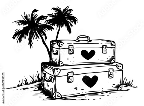 Hand drawn sketch of vintage travel suitcases with hearts under palm trees