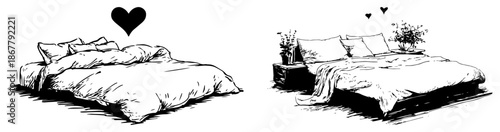 Set of two romantic bedroom sketches with double beds and hearts