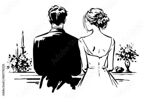 Hand drawn sketch of a bride and groom from behind at wedding ceremony