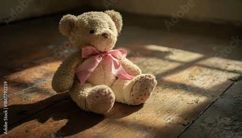 Wallpaper Mural Abandoned soft teddy bear adorned with a pink ribbon rests on aged hardwood flooring. Specks of dust dance in a golden sunbeam Torontodigital.ca