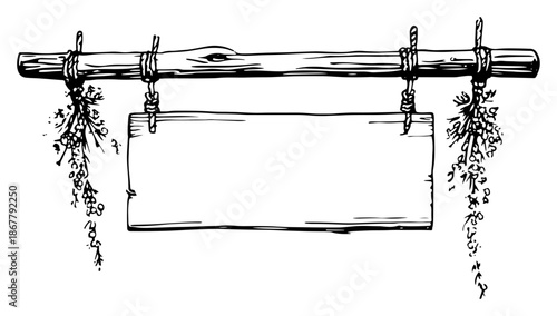 Rustic wooden hanging signboard with ropes and dried flowers sketch
