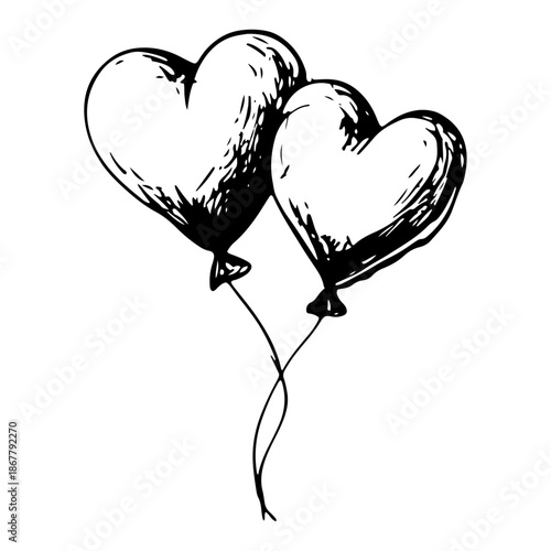 Two heart shaped balloons for celebration and love in sketch style