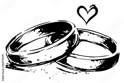 Two wedding rings with a heart shape hand drawn in sketch style