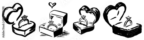 Collection of diamond engagement rings in various gift boxes sketch illustration