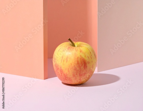 A minimalist aesthetic photo of a single ripe apple on a pastel background