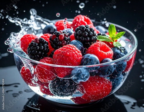 A cinematic aesthetic photo of mixed berries floating in water, slow-motion splash effect