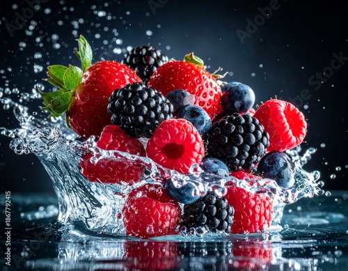 A cinematic aesthetic photo of mixed berries floating in water, slow-motion splash effect, dark background