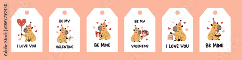 Vector horizontal set of cute valentine capybara gift tags and labels. Heart balloon, love letter, gift box, flowers, hopping bag, cupcake. Romantic phrases i love you, be my valentine, be mine.