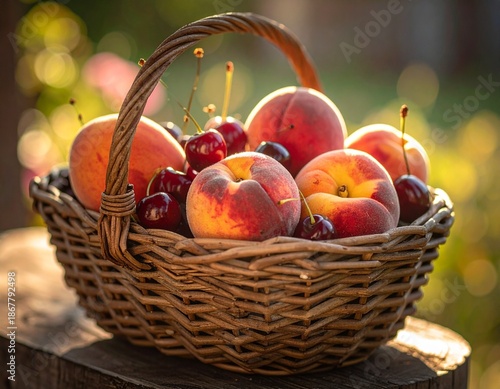 A cozy aesthetic photograph of fresh peaches and cherries in a woven basket, warm natural light, farmhouse style
