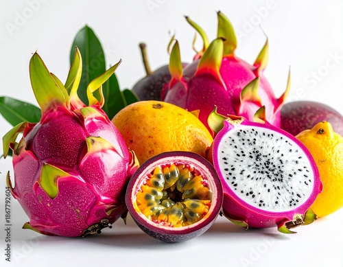 A modern aesthetic studio photo of exotic fruits like dragon fruit and passion fruit, bold color contrast, clean background, high-fashion food photography style