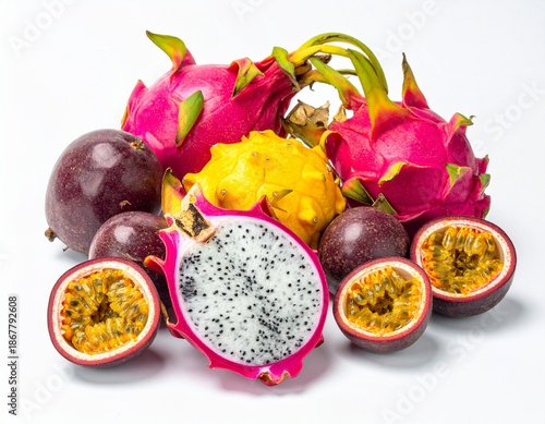 A modern aesthetic studio photo of exotic fruits like dragon fruit and passion fruit, bold color contrast, clean background