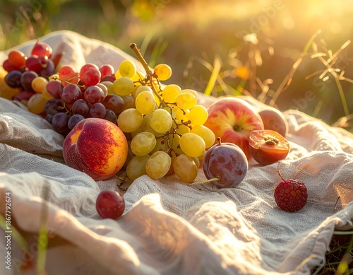 A natural outdoor aesthetic photo of freshly picked fruits on a linen cloth, soft sunlight