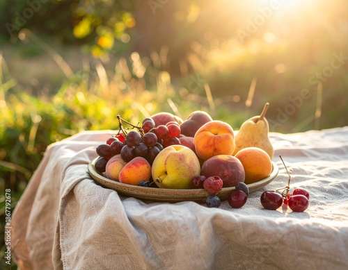 A natural outdoor aesthetic photo of freshly picked fruits on a linen cloth, soft sunlight, earthy tones