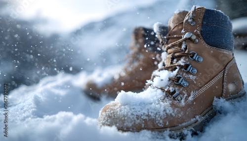 Wallpaper Mural Detailed shot of cozy, water resistant hiking boots nestled in the pristine snow. Snowflakes gently landing on sturdy footwear in a snowy mountain setting Torontodigital.ca