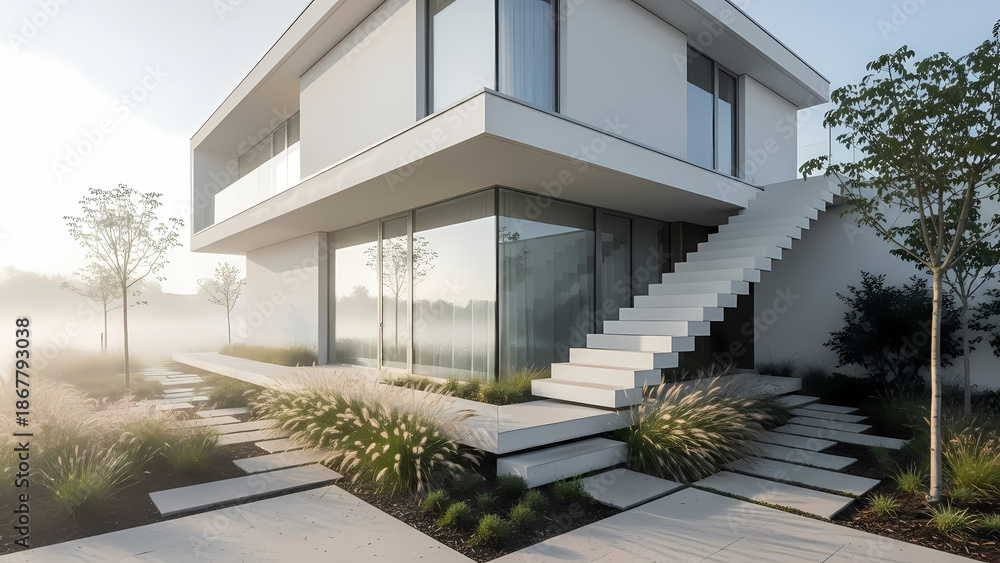 Fototapeta premium Modern house exterior with staircase and garden at sunrise