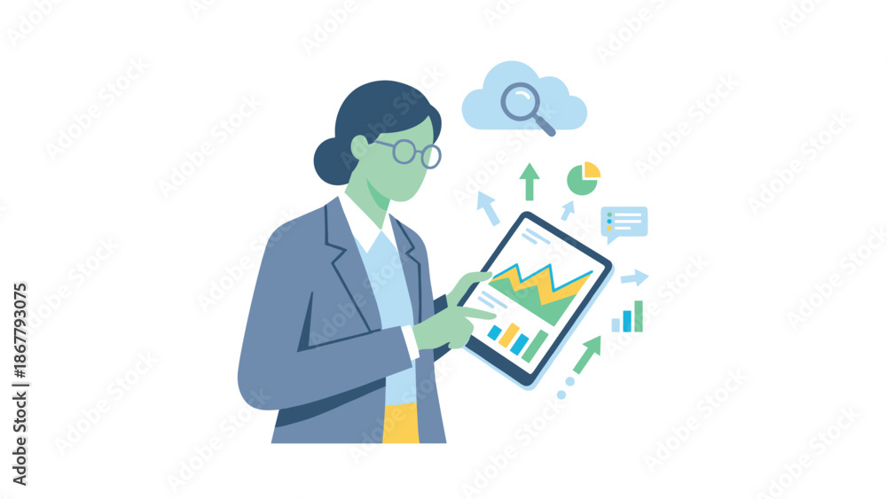 Fototapeta premium Business woman analyzing financial data on tablet screen. Digital market statistics and growth report monitoring. Corporate strategy concept. Flat vector illustration. Technology.