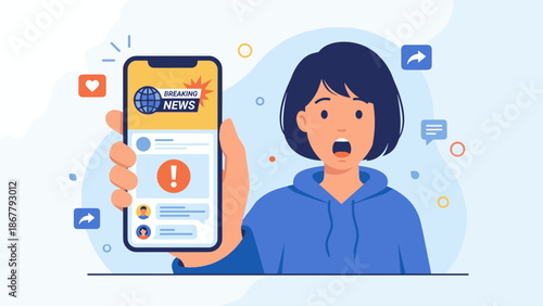 Surprised woman holding smartphone with breaking news alert. Shocked girl reading viral content. Mobile notification concept. Flat vector illustration. Social media. Unexpected info.