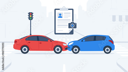 Car accident collision on road. Auto insurance claim concept. Two vehicles crash at intersection. Fender bender traffic. Documenting damage report. Safety flat vector illustration