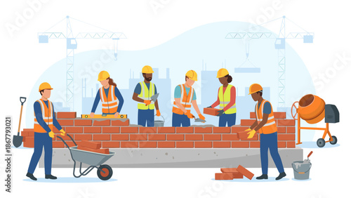 Construction team building brick wall together. Industrial workers in safety gear laying bricks. Development and foundation concept. Flat vector illustration. Site work.