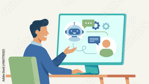Man interacting with AI chatbot on computer screen. Customer service artificial intelligence concept. Virtual assistant support. Online tech communication. Flat vector illustration