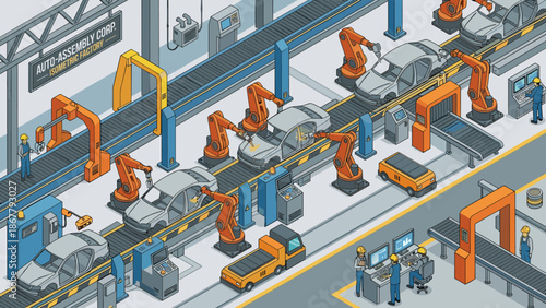 Isometric car factory with robotic arms welding vehicles on conveyor belt assembly line. Industrial automation technology. Auto production plant. Smart industry. Engineering process.