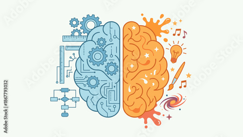 Logic versus creativity brain concept. Left hemisphere gears. Right side art splash. Analytical artistic mind balance. Psychology vector illustration. Intelligence duality symbol.