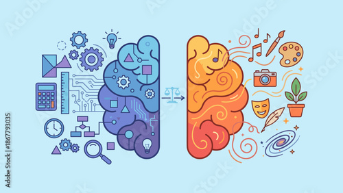 Left right brain hemispheres. Logic vs creativity. Analytical gears vs artistic music. Psychology mind balance. Neurology vector. Mental health. Intelligence. Education. Imagination. Idea.