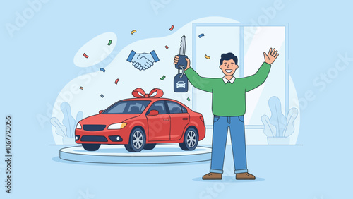 Happy man holding car key. Buying new red vehicle with bow. Auto dealership showroom. Excited customer purchasing automobile. Successful deal handshake. Car loan. Flat vector.