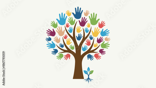 Stylized tree with diverse colorful hands as leaves. Community growth concept. Flat vector illustration. Unity and teamwork symbol. Social support, multiculturalism, global partnership.