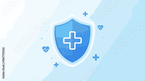 Medical health insurance shield concept. Healthcare protection symbol. Safety security guard. Hospital medicine coverage. Life care sign. Blue cross icon. Immune system defense.
