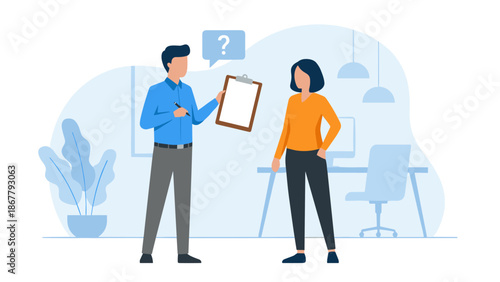 Market research concept. Man holding clipboard conducting survey. Business interview. Customer feedback. Questionnaire data collection. Asking questions. Flat vector illustration.