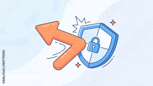 Cybersecurity defense shield repelling arrow attack. Data protection concept. Firewall deflection. Network safety. Resilience symbol. Secure guard. Antivirus. Web protection.