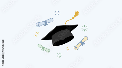 Graduation cap and diplomas. Academic success concept. University education celebration. College degree achievement. Student graduate hat. Flat vector illustration. Mortarboard toss.