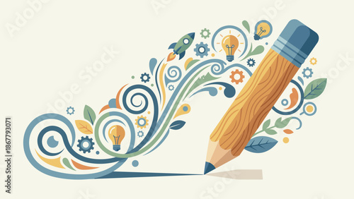 Large pencil drawing creative line with bulbs gears and rocket. Design and creativity concept. Imagination and innovation vector illustration. Artistic workflow. Idea generation.