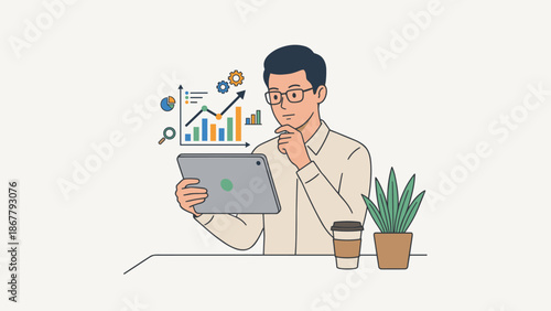 Analyst monitoring data on tablet. Financial growth chart statistics. Corporate business strategy. Worker checking report. Flat vector illustration. Technology concept. Marketing.