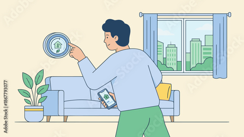 Smart home technology. Man adjusting thermostat. Energy efficiency. Temperature regulation. Automation system. Climate control. Flat vector illustration. Heating device. Modern living.