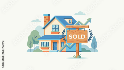 Stylized house with wooden sold sign. Real estate business concept. Flat vector illustration of property sale. Residential home buying success. Mortgage investment housing market deal.