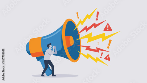 Huge megaphone loudspeaker with sound waves. Tiny man shouting announcement. Alert and warning concept. Marketing promotion advertising. Flat vector illustration. Amplified voice.