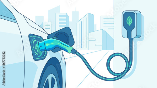 Stylized electric car charging station. EV vehicle plugged in. Green energy power. Eco transport technology. Flat vector illustration. Modern automotive battery. Clean auto power.
